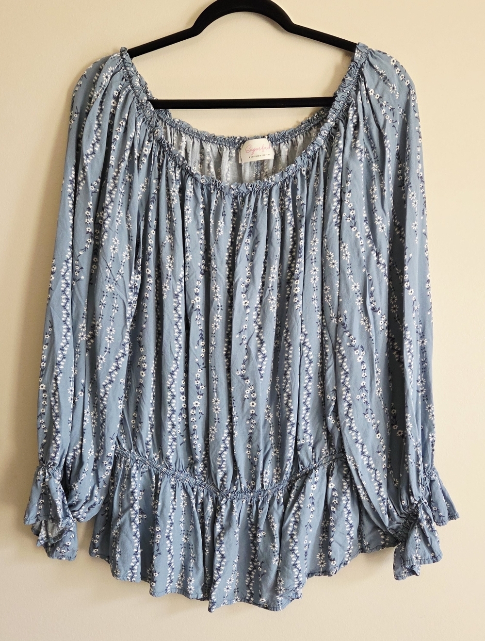 Light Blue Floral Peasant Blouse with Ruffle Hem California